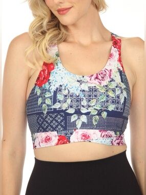 NWOT• Johnny Was Bee Active Rose Patch Cross Hem Sports Bra